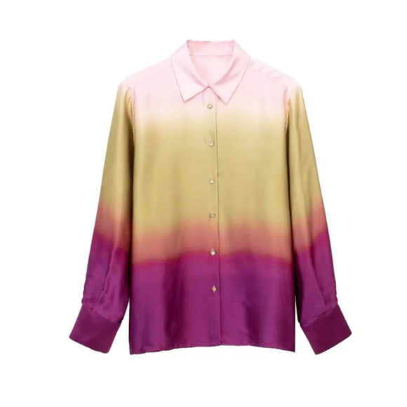 🔥HP🔥 Tie Dye Shirt Women Casual Button Lapel Print Satin Long Sleeve Shirt - Picture 2 of 7